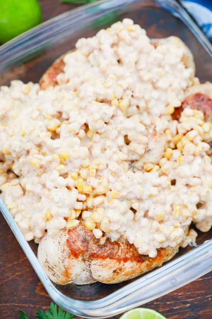 Mexican street corn chicken casserole before baking it.