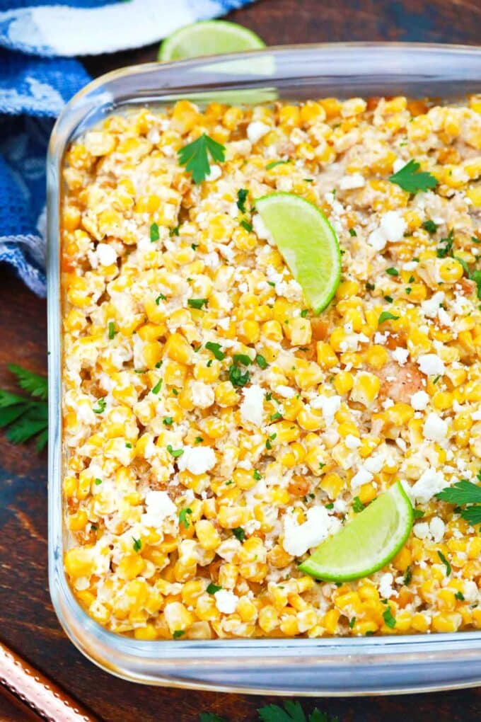 Overhead shot of baked Mexican street corn chicken casserole.