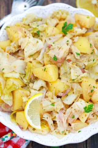 overhead shot of a bowl with cabbage and potatoes