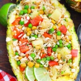 pineapple fried rice served in fresh pineapple