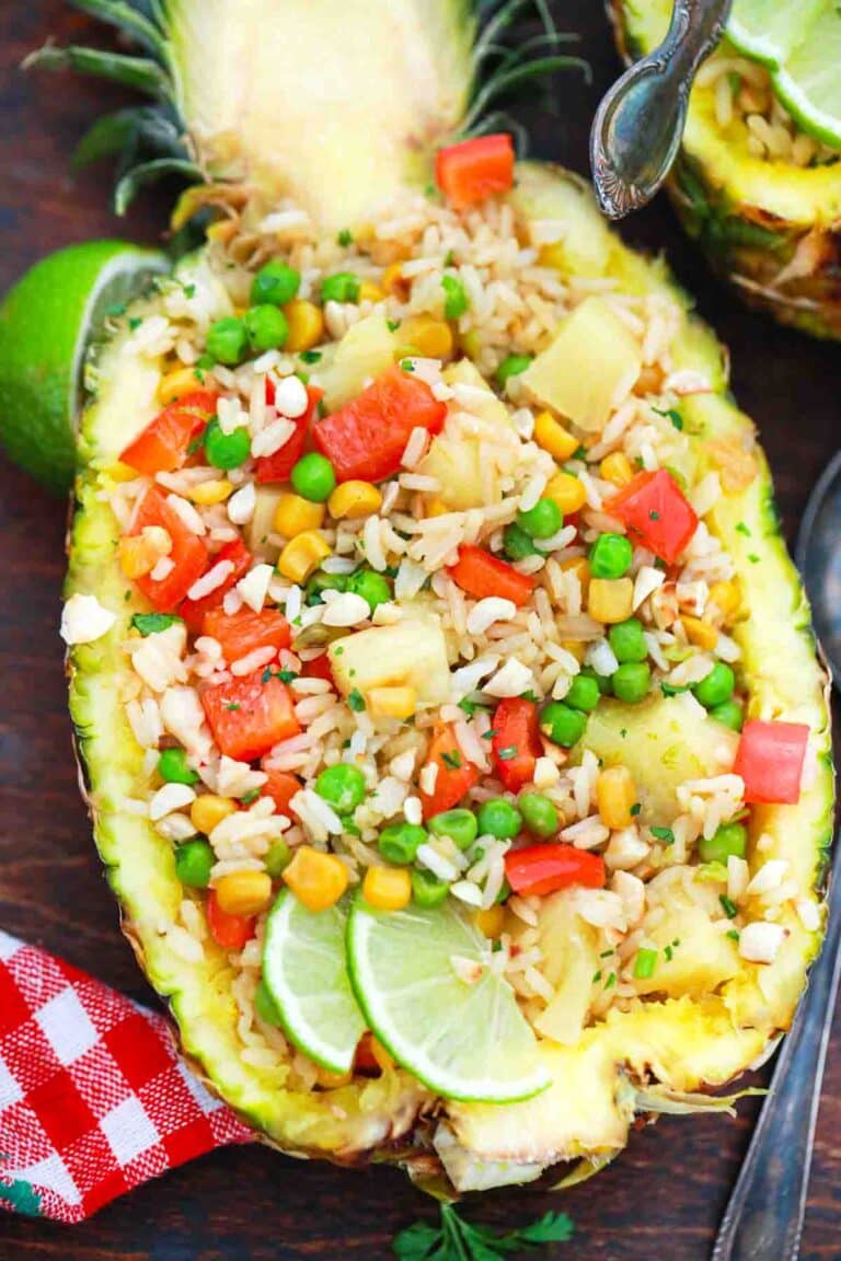 pineapple fried rice served in fresh pineapple