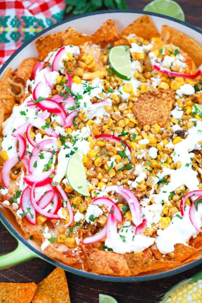 overhead shot of a pan of mexican street corn nachos