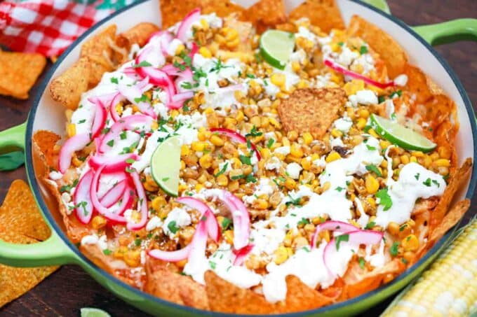 a pan of mexican street corn nachos