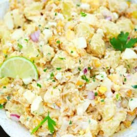 overhead shot of a bowl of mexican street corn potato salad