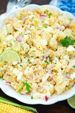 overhead shot of a bowl of mexican street corn potato salad