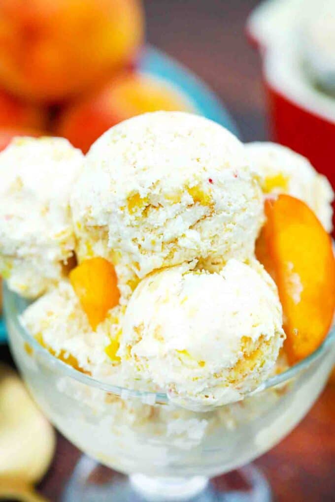an ice cream bowl of no churn peaches and cream ice cream