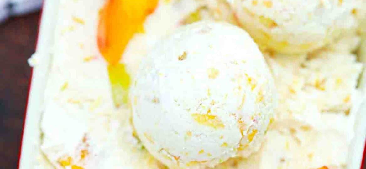 overhead shot of a dish filled with peaches and cream ice cream