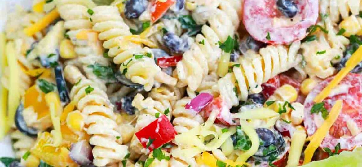 overhead shot of southwest ranch pasta salad bowl