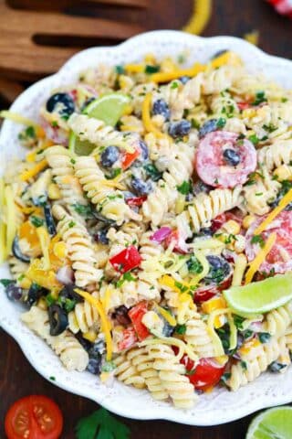 overhead shot of southwest ranch pasta salad bowl