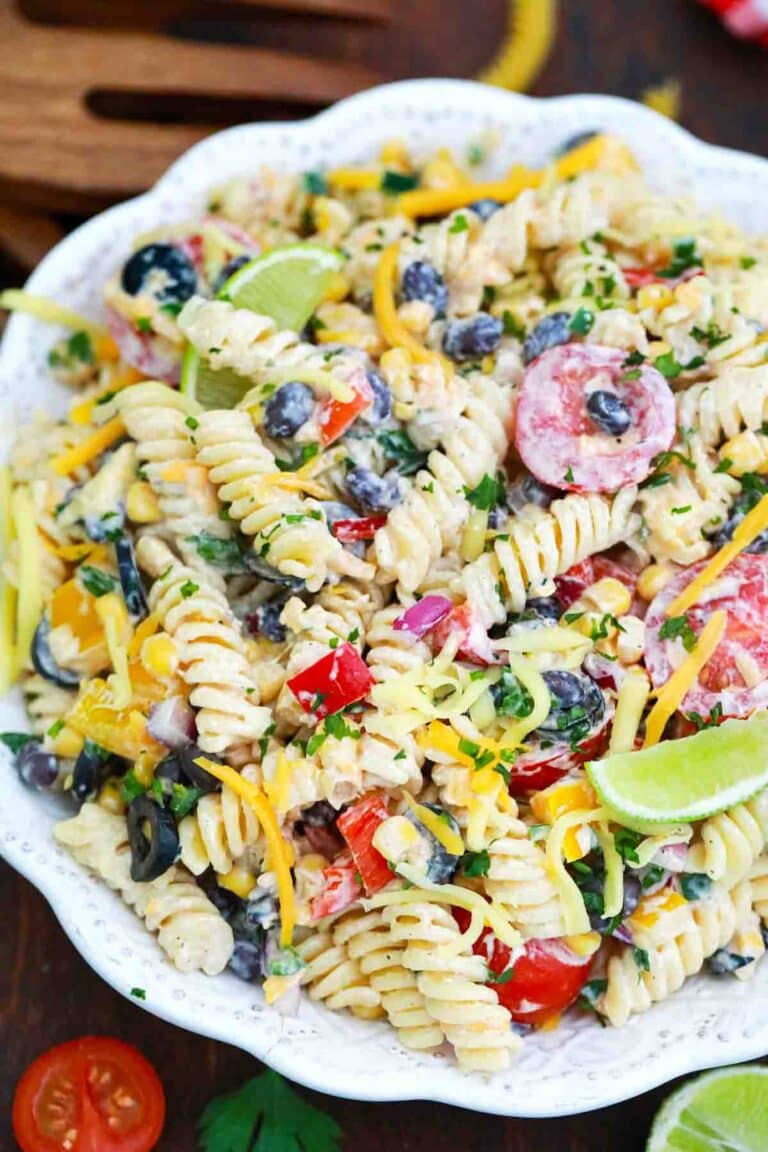 overhead shot of southwest ranch pasta salad bowl