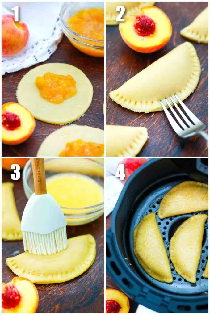 photo collage of steps how to make air fried peach hand pies