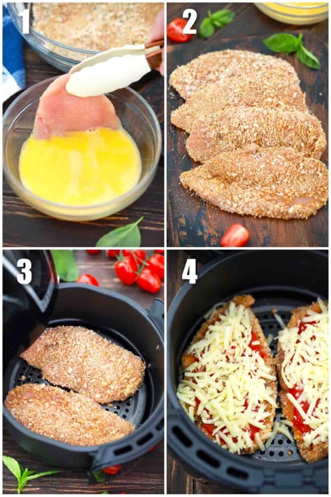 photo collage of steps how to make air fryer chicken parmesan