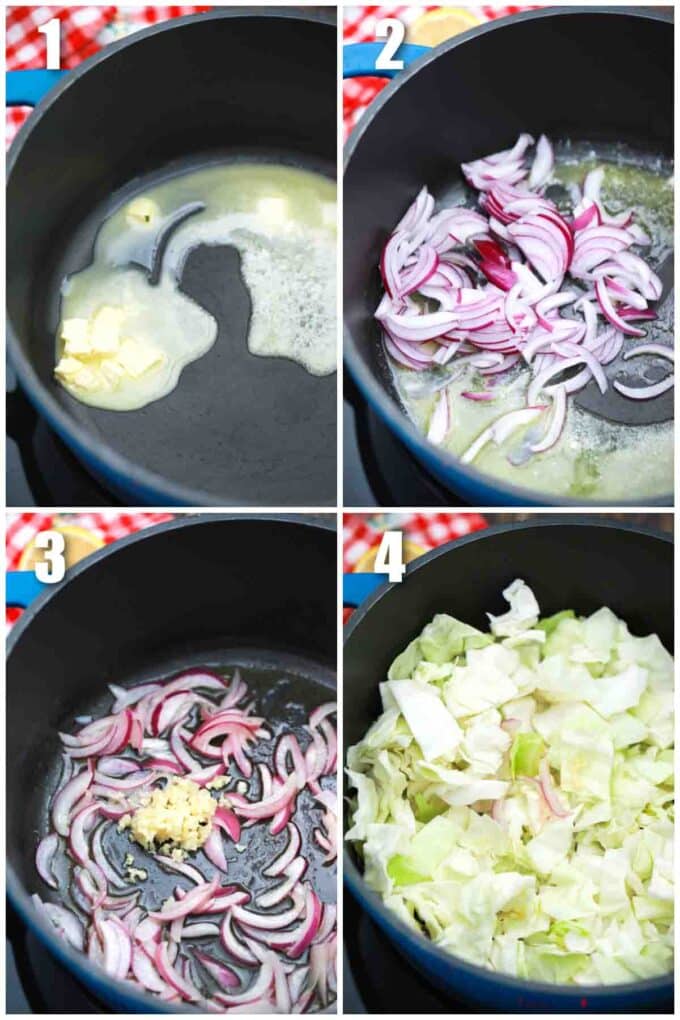 photo collage of steps how to make cabbage and potatoes