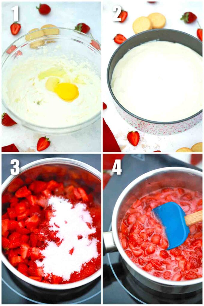 photo collage of steps how to make cheesecake and fresh strawberry puree