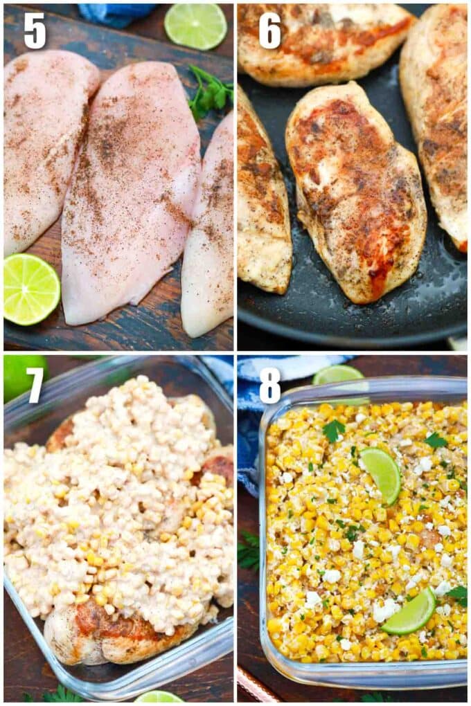 photo collage of steps how to make mexican street corn chicken casserole