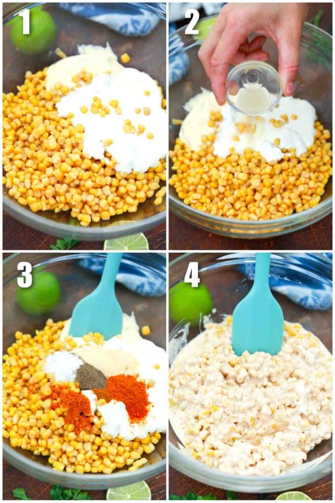 photo collage of steps how to make mexican street corn mixture