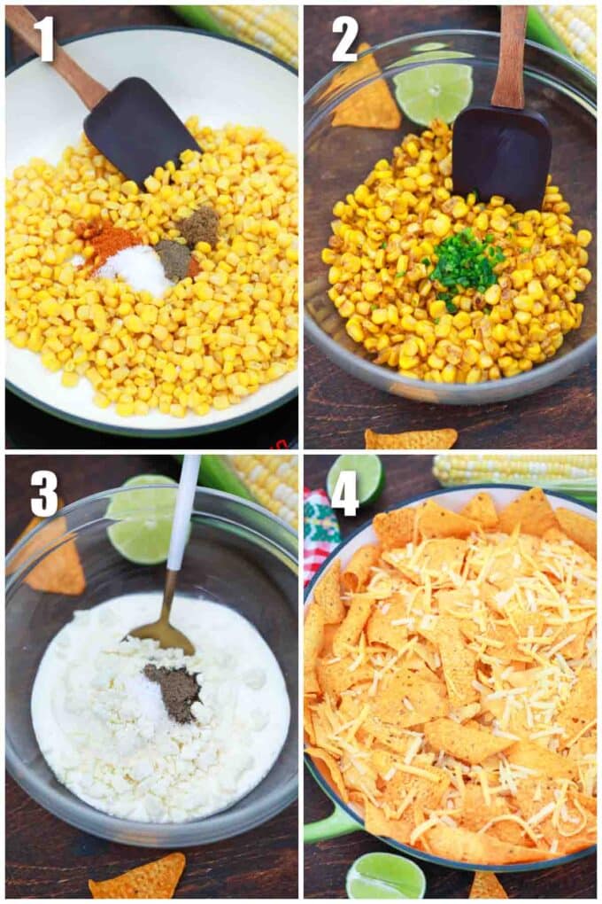 photo collage of steps how to make mexican street corn nachos