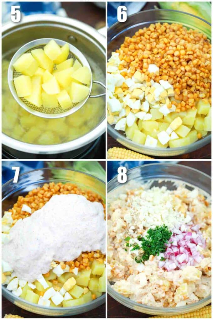 photo collage of steps how to make mexican street corn potato salad
