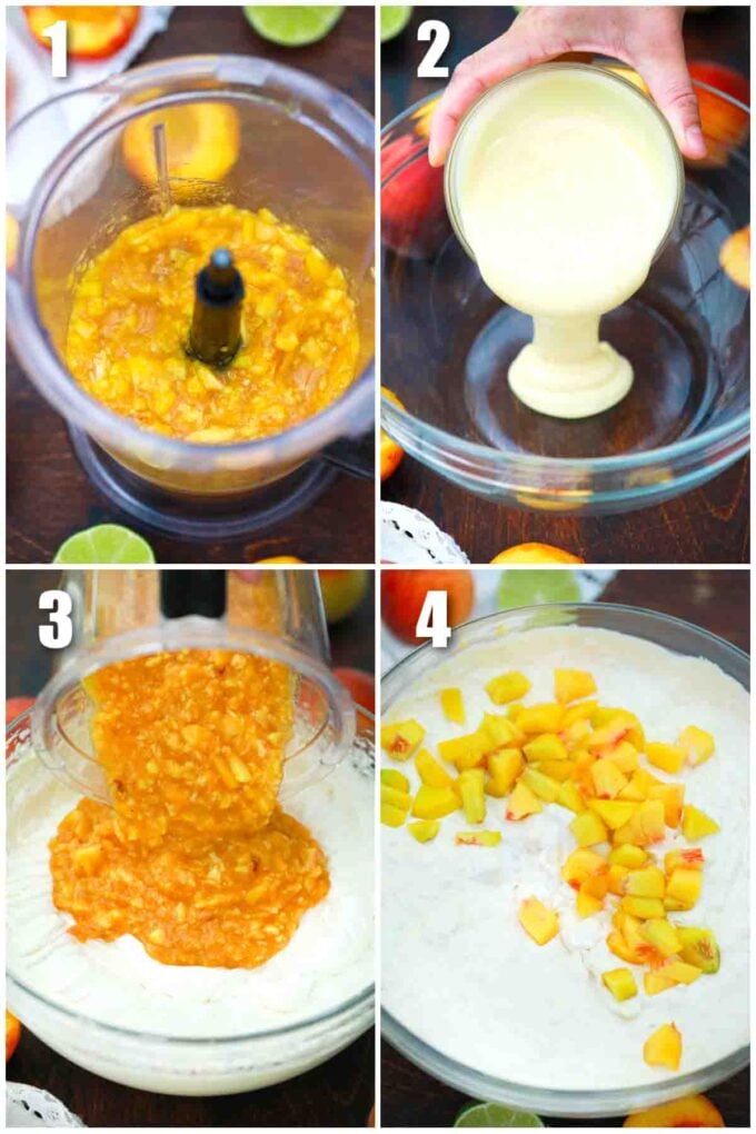 photo collage of steps how to make peaches and cream ice cream