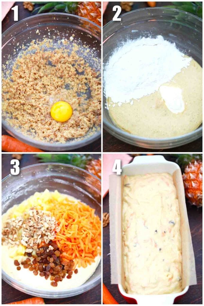 photo collage of steps how to make pineapple carrot bread