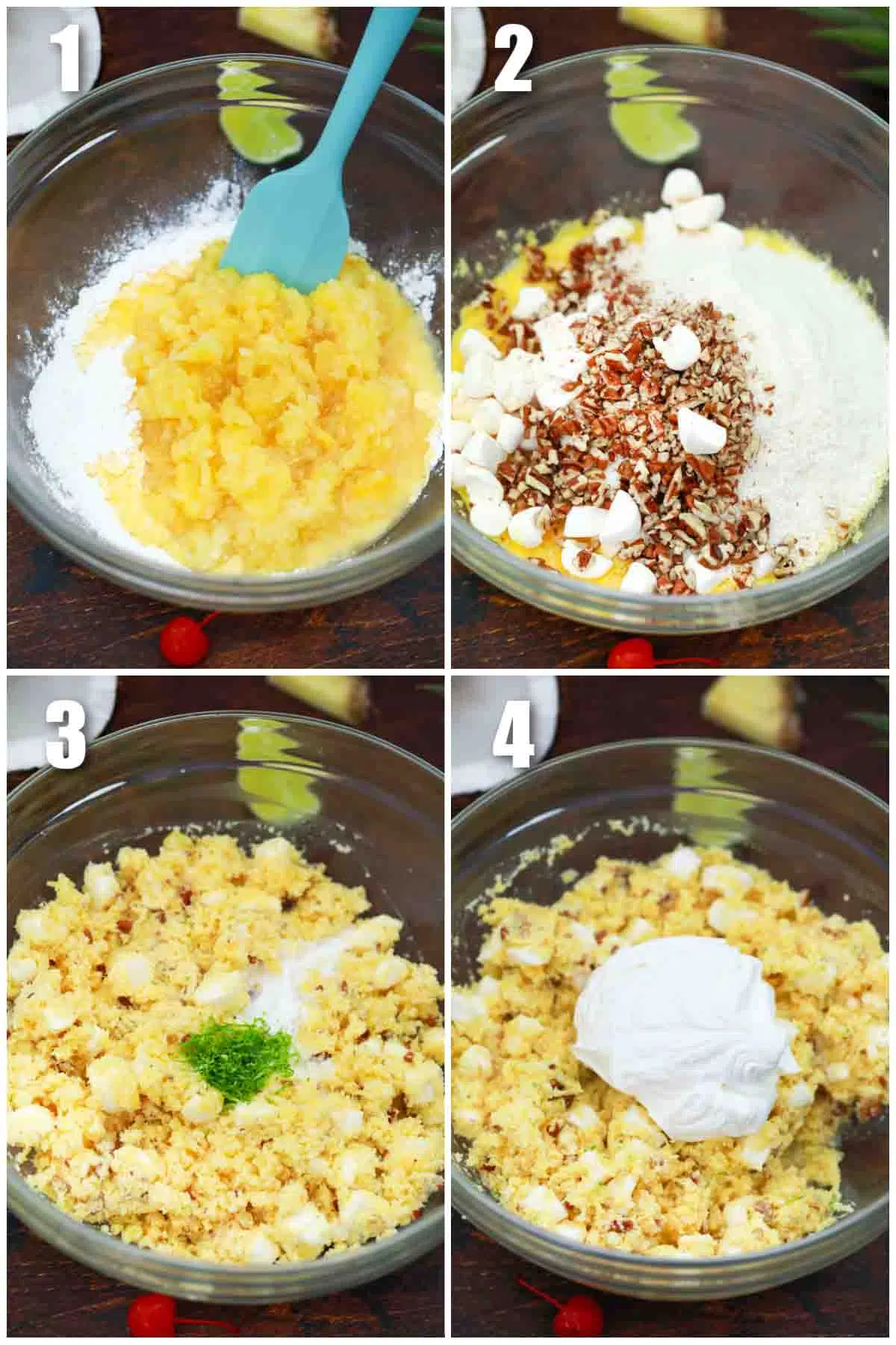photo collage of steps how to make pineapple fluff