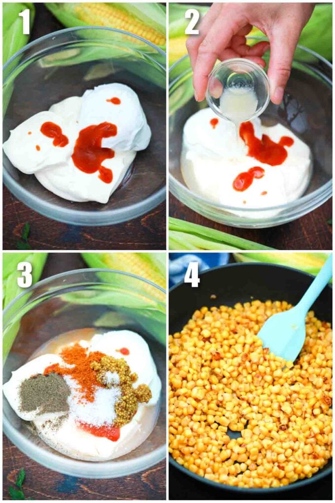 photo collage of steps how to make potato salad dressing and how to roast corn in a pan
