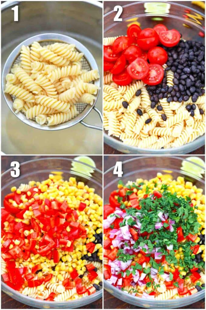photo collage of steps how to make southwest ranch pasta salad