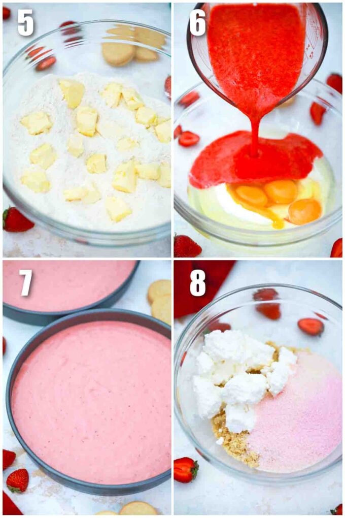 photo collage of steps how to make strawberry cake layers and strawberry crunch topping