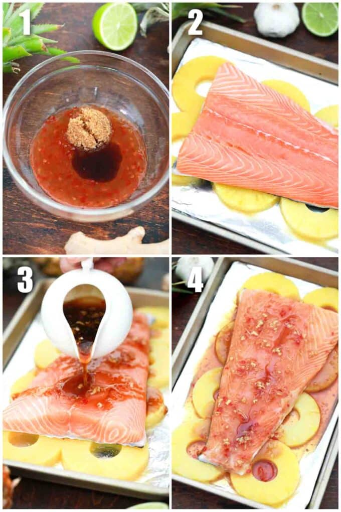 photo collage of steps how to make sweet chili pineapple salmon