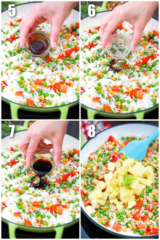 photo collage of steps how to make thai pineapple fried rice