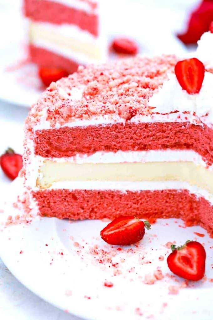 interior view of strawberry crunch cheesecake cake