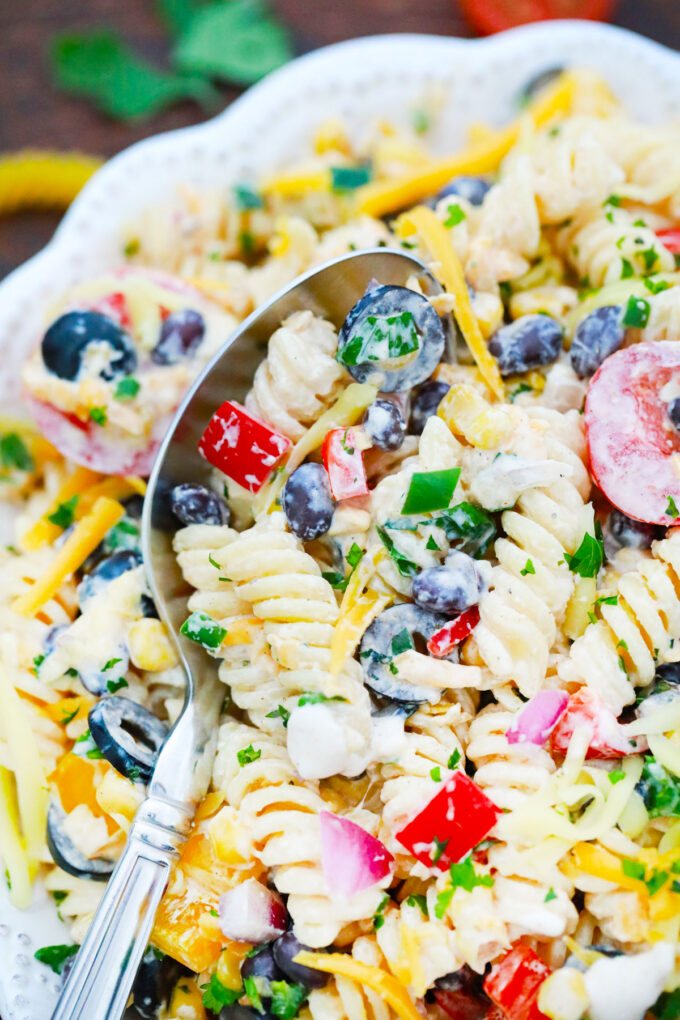 Creamy Southwest Ranch pasta salad with veggies.