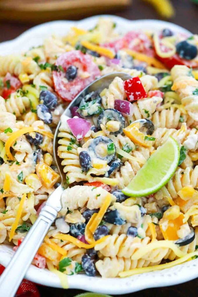 macro overhead shot of a spoonful of vegetarian southwest ranch pasta salad