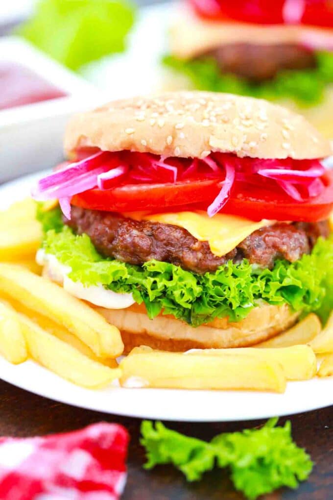 air fried cheeseburgers with French fries on a plate