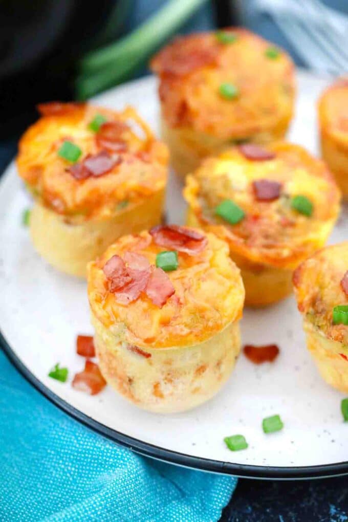 air fried egg bites arranged on a plate with air fryer in the background