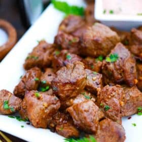 a plate of juicy air fried steak bites