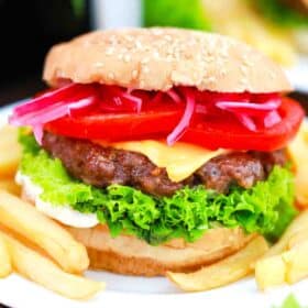 close shot of cooked air fryer cheeseburgers