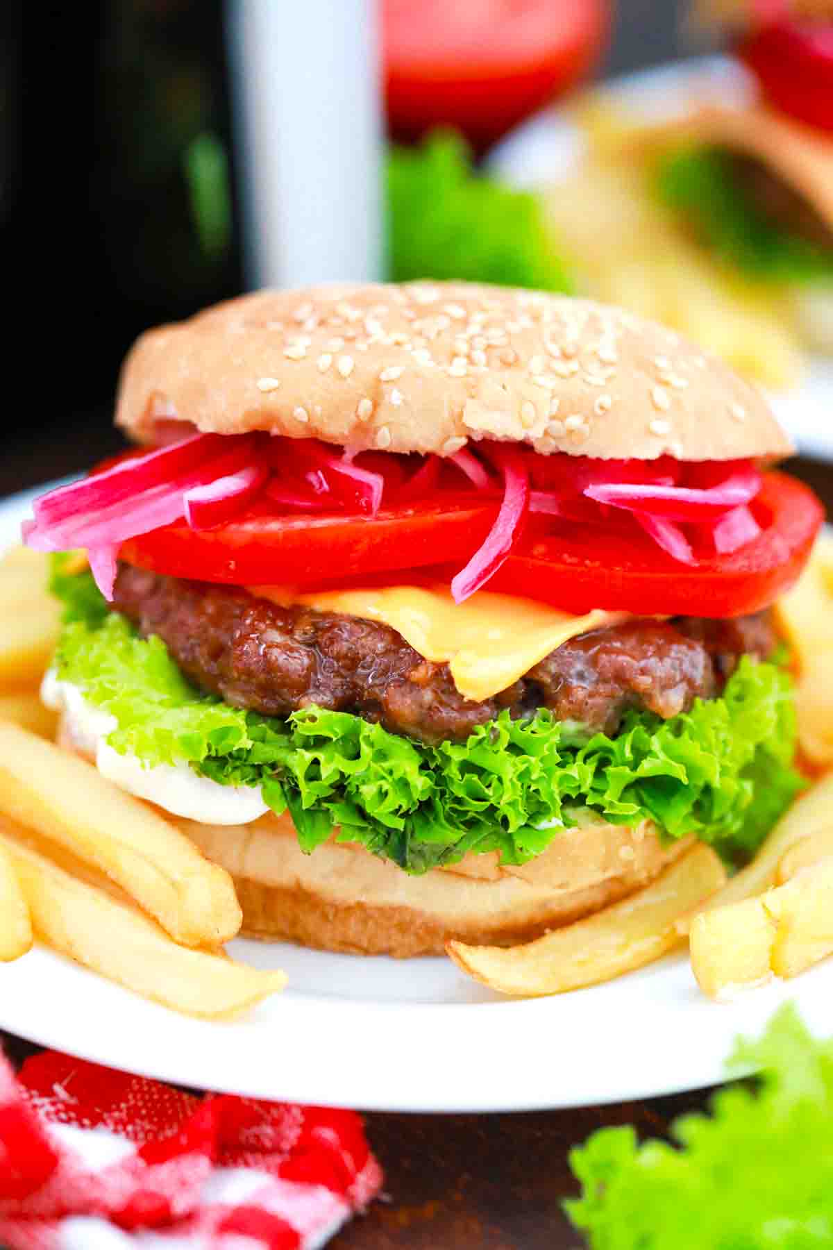 close shot of cooked air fryer cheeseburgers