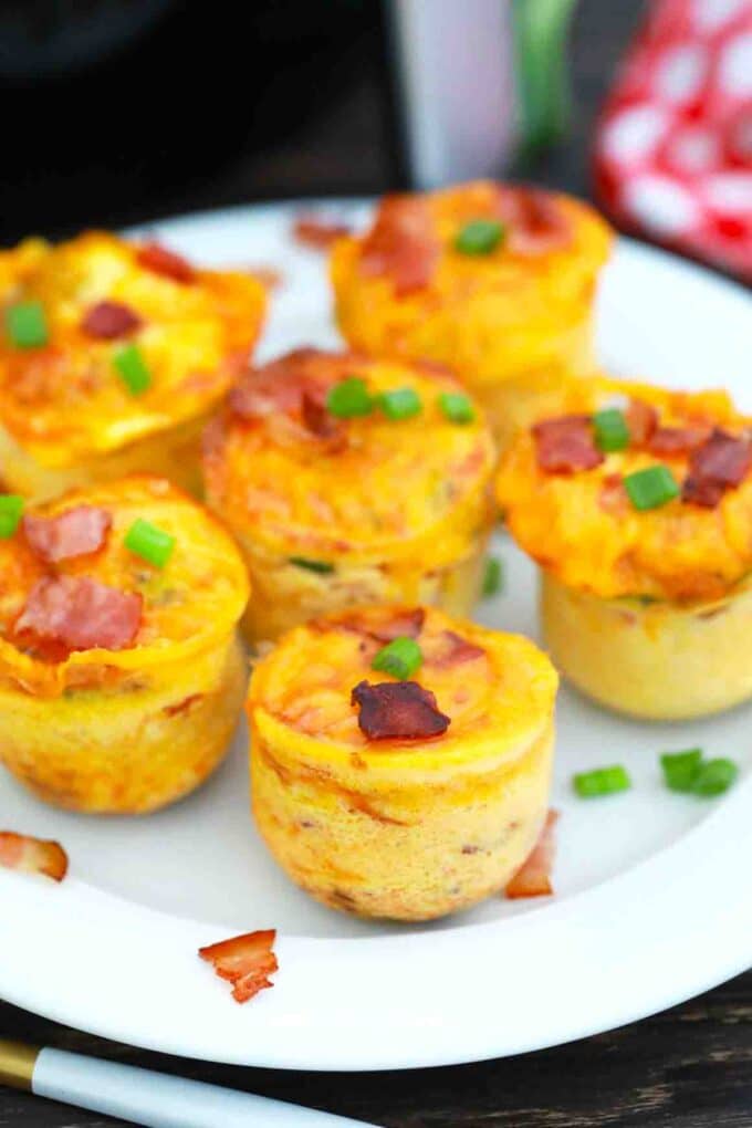 air fryer egg bites on a plate with the air fryer in the background