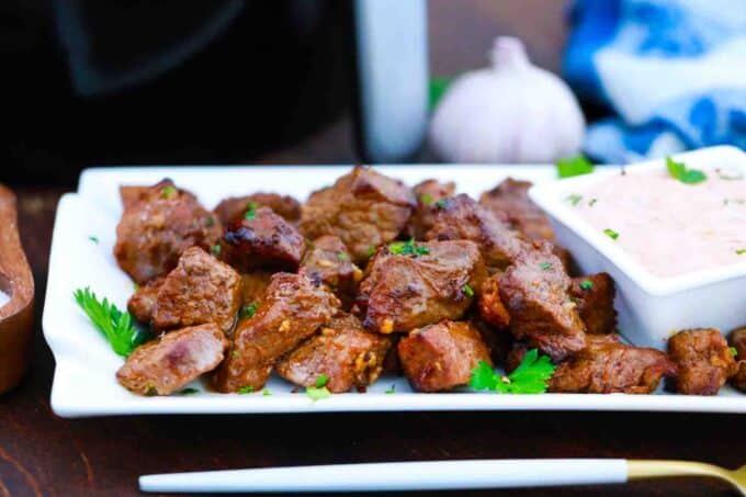 a plate of air fryer steak bites