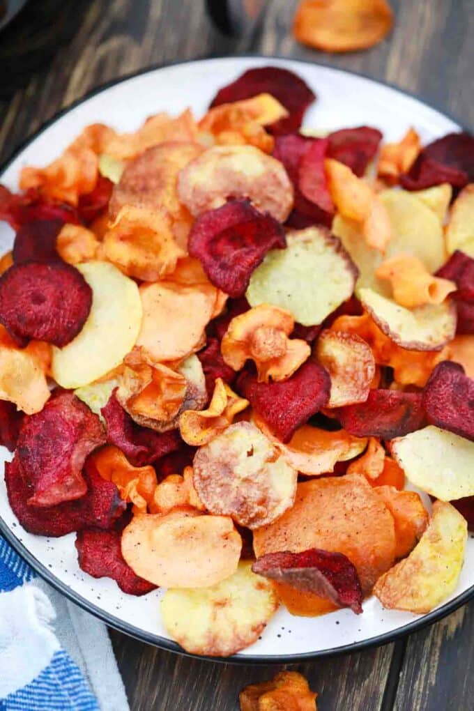 overhead shot of colorful air fryer veggie chips medley