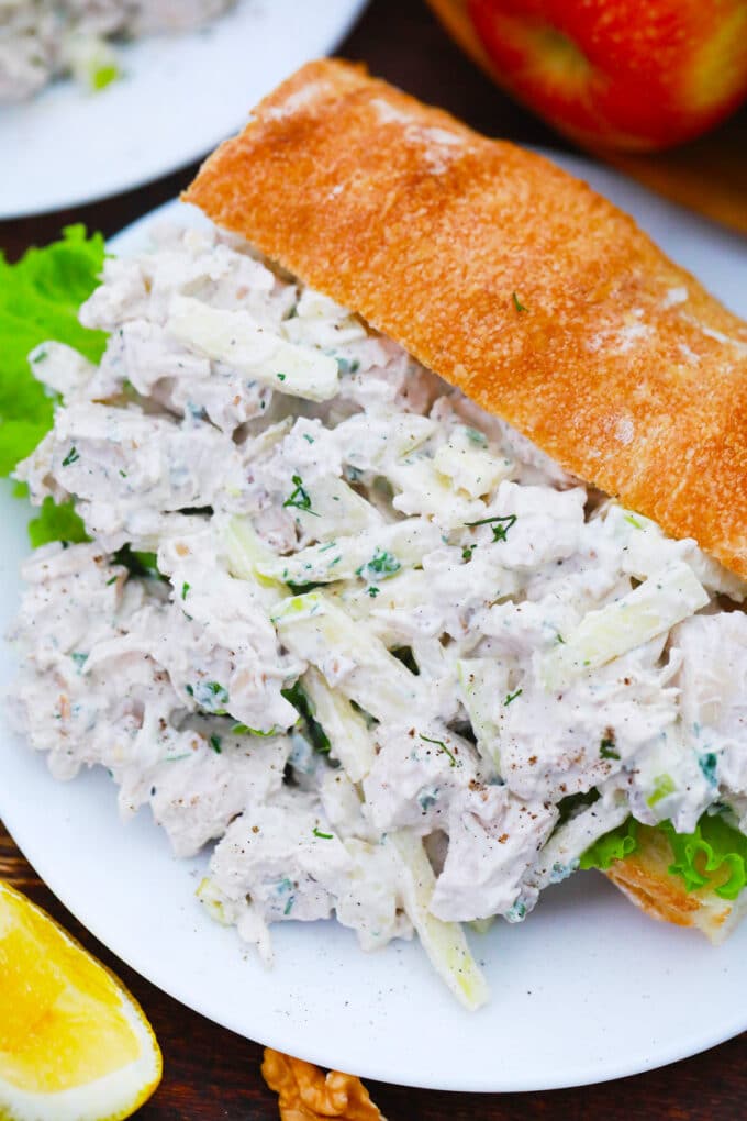 Creamy and crunchy apple fennel chicken salad sandwich.