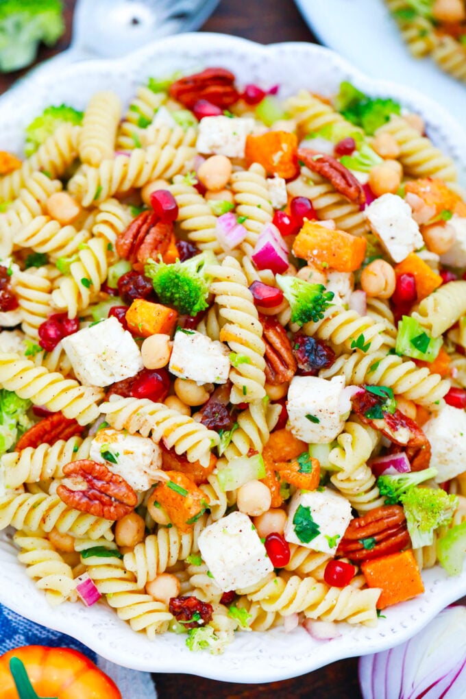 Fall pasta salad with pomegranates, pecans, and squash.