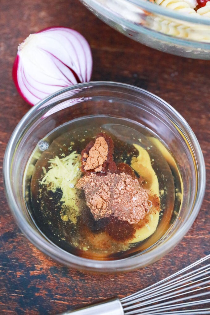 Homemade dressing ingredients for pasta salad.