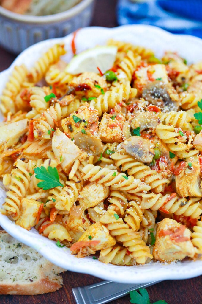 Indian curry pasta salad with chicken and veggies.