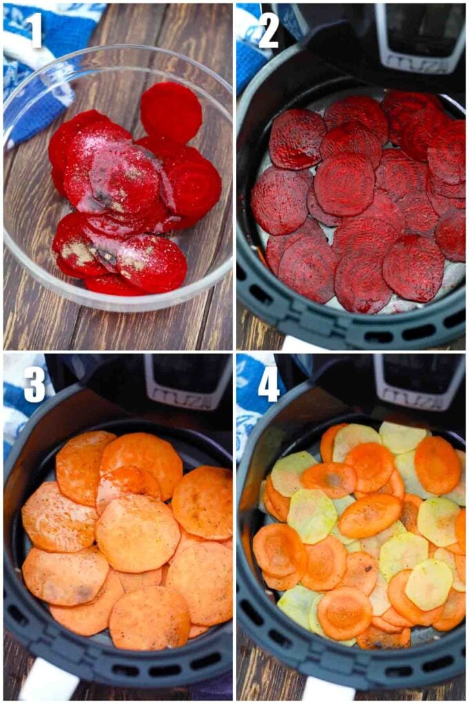 photo collage of steps how to make air fryer veggie chips