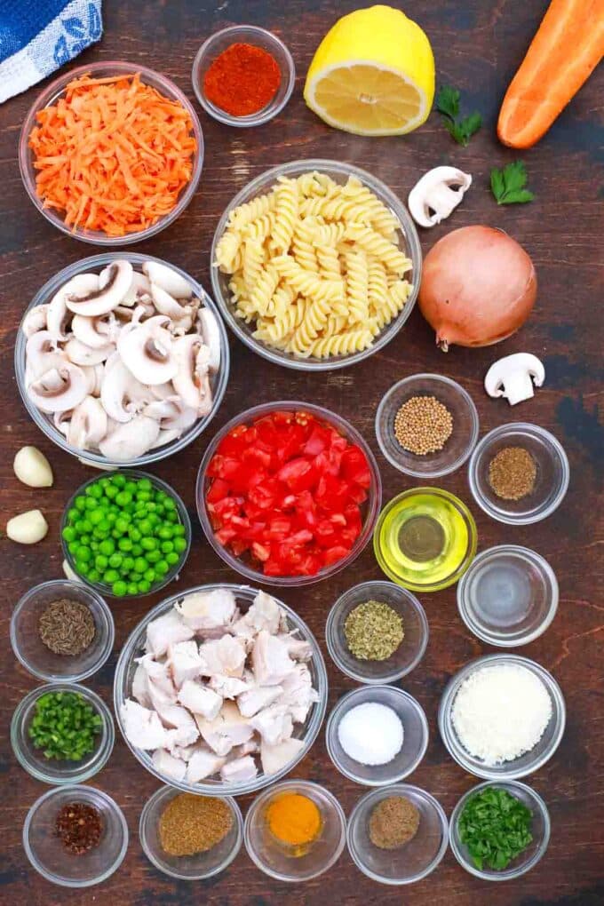 overhead shot of ingredients in bowls on a wooden table