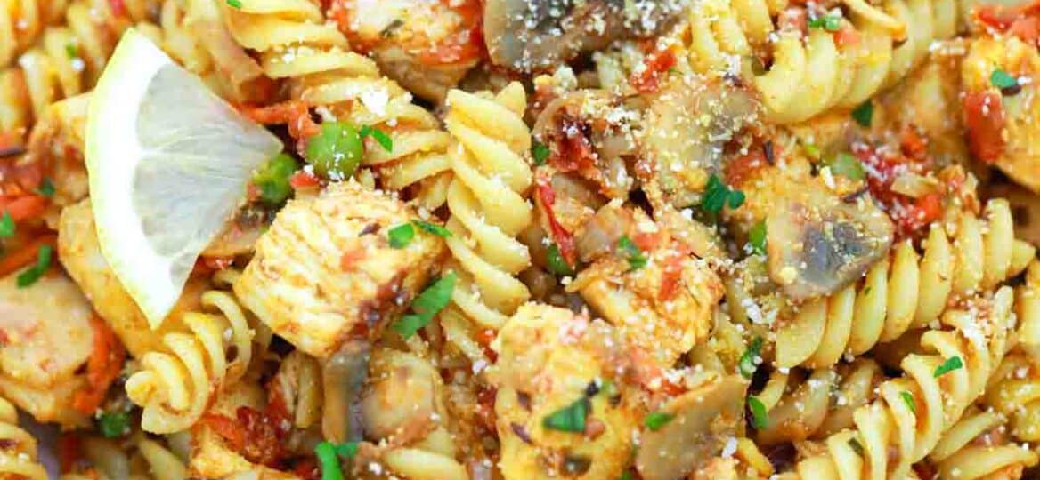 overhead shot of indian curry pasta salad