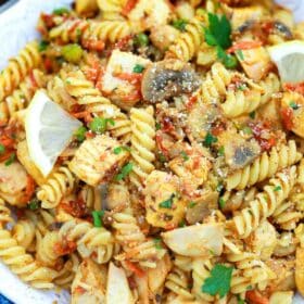 overhead shot of indian curry pasta salad