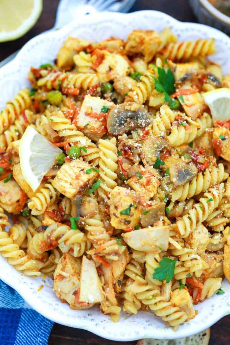 overhead shot of indian curry pasta salad